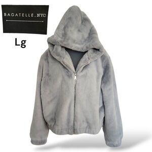 Bagatelle NYC Faux Fur Hooded Bomber Jacket Women's Size LG Light Blue Gray Zip